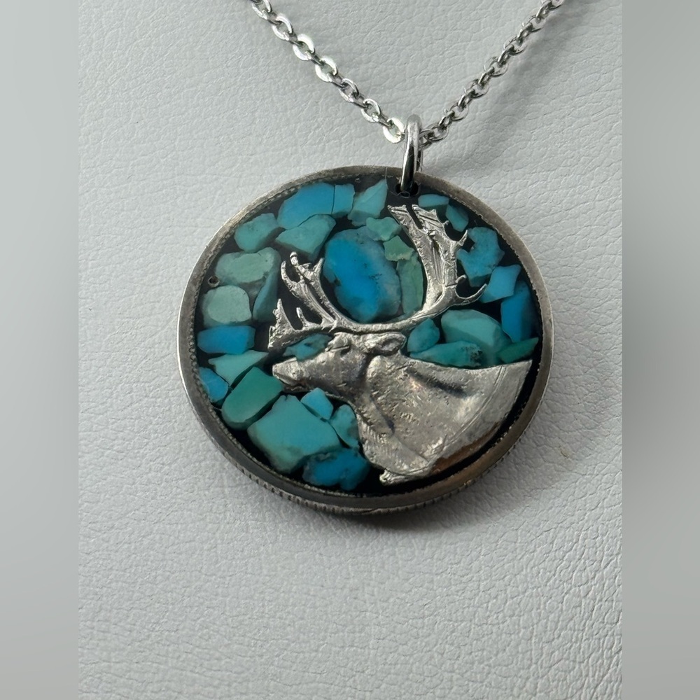Turquoise and German Silver Caribou Pendant